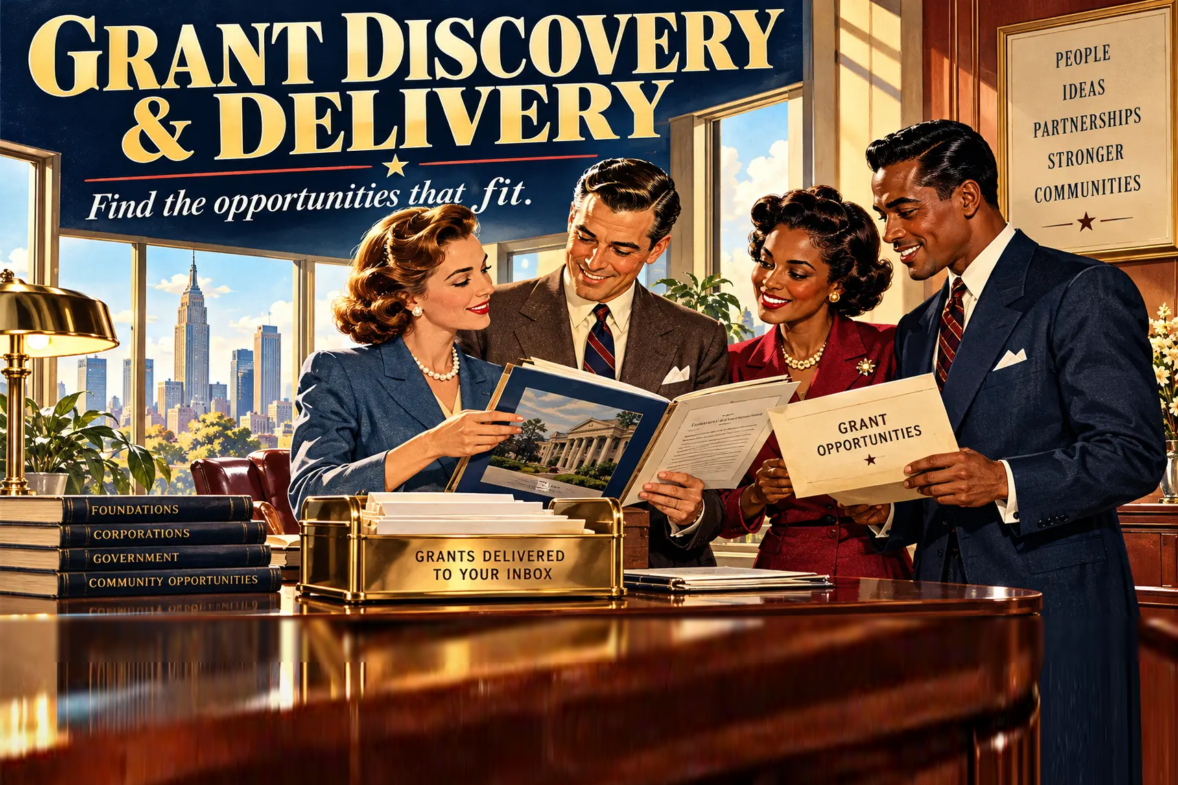 Vintage illustration of four professionals reviewing grant materials around an office desk, with a brass tray reading Grants Delivered To Your Inbox and a city skyline in the window