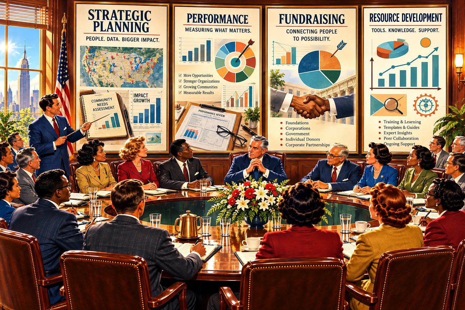 Vintage illustration of a boardroom meeting where a presenter points to boards covering strategic planning, performance, fundraising and resource development