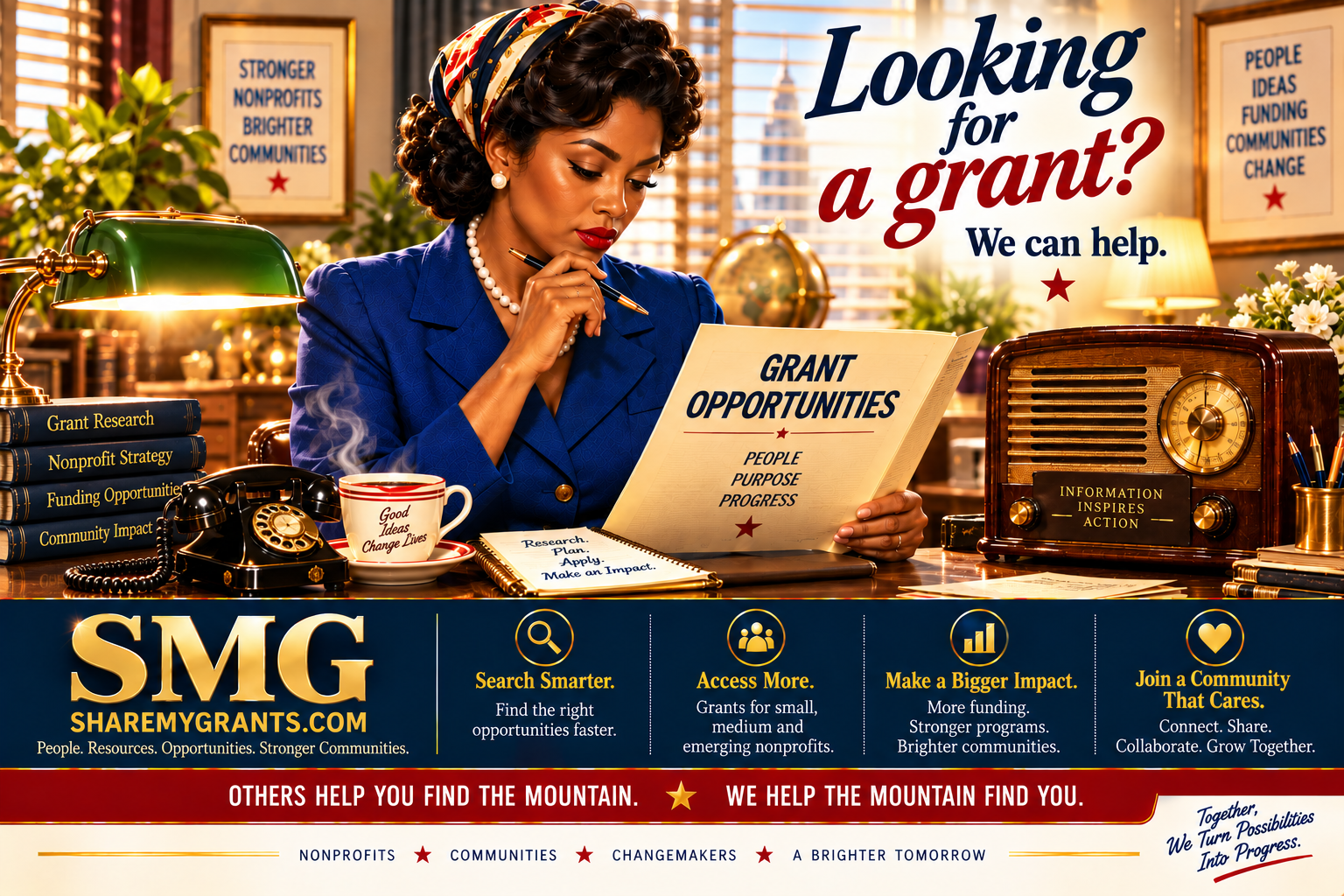 ShareMyGrants promotional poster: Looking for a grant? We can help.