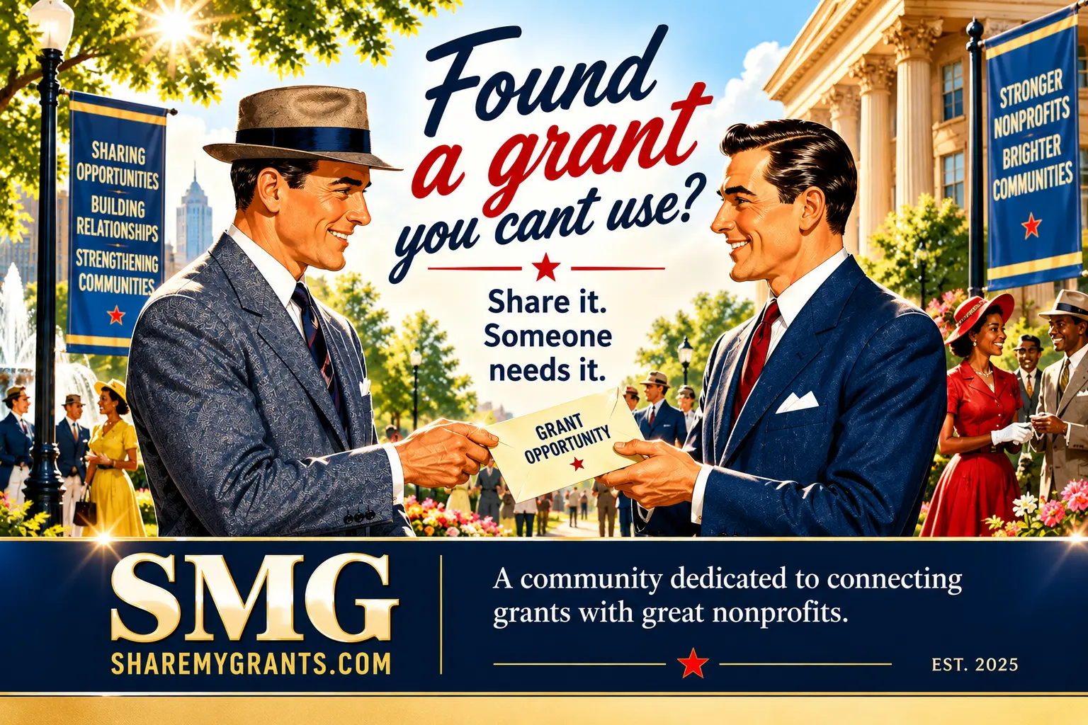 Two nonprofit professionals exchanging a grant opportunity — Found a grant you can't use? Share it. Someone needs it.