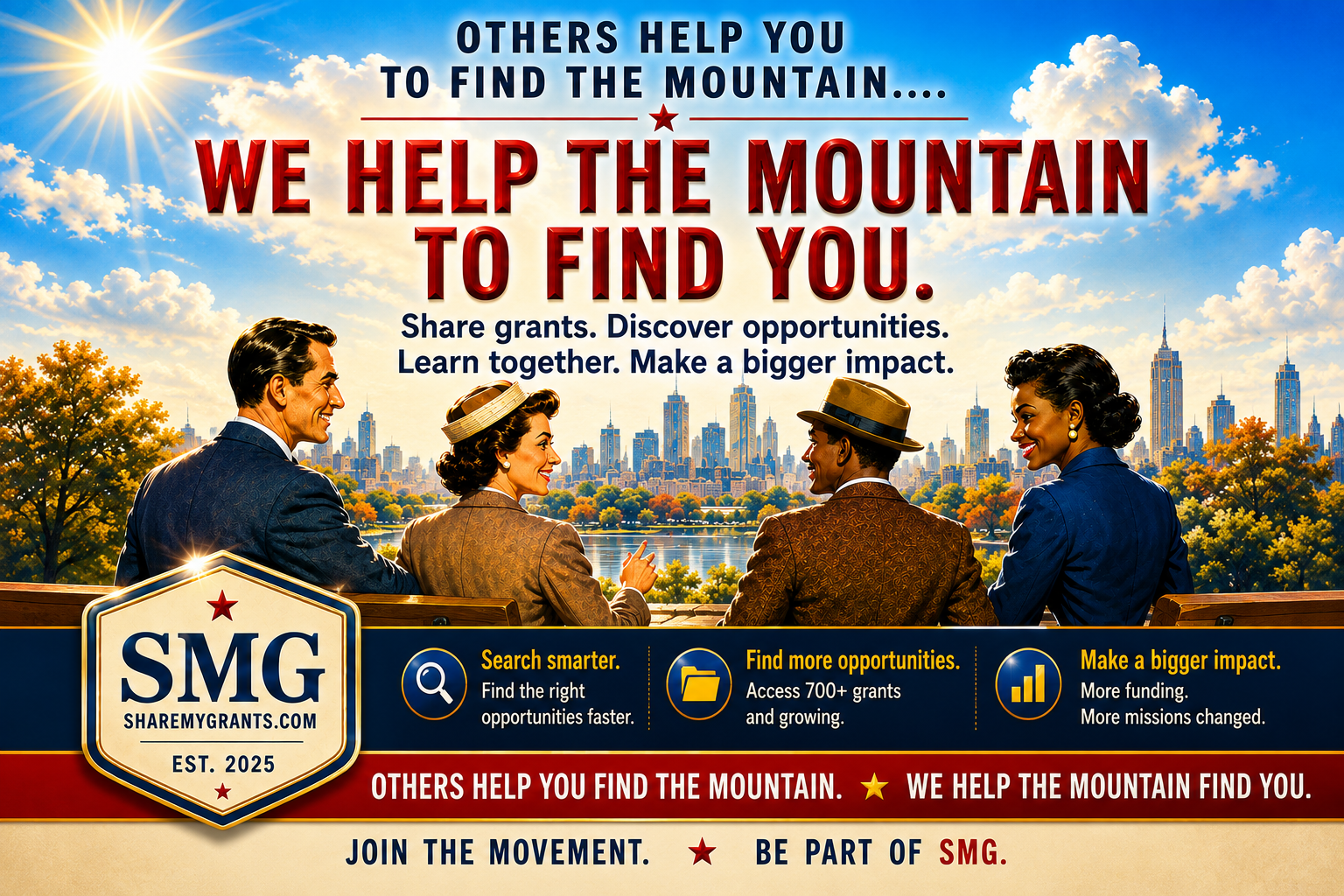 ShareMyGrants promotional poster: We help the mountain to find you.