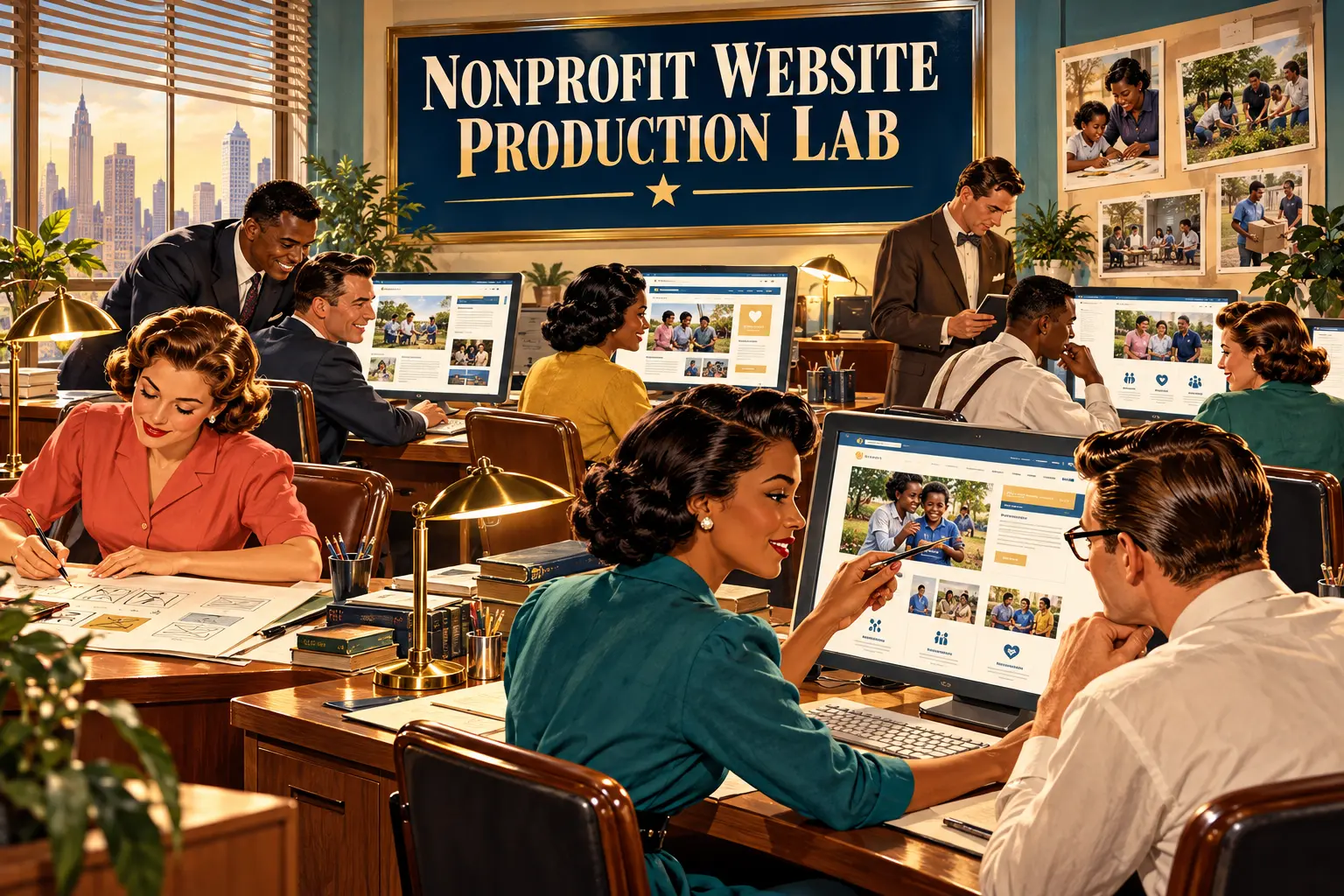 Vintage illustration of a nonprofit website production lab where designers sketch wireframes and work at computers