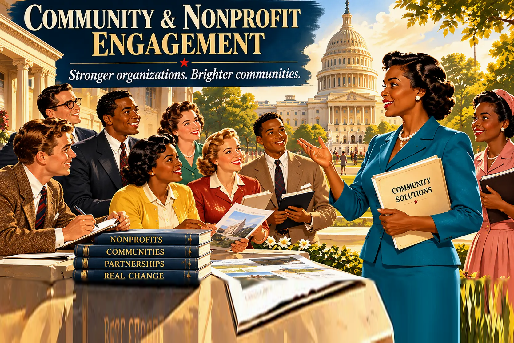 Vintage illustration of a woman presenting community solutions to a group of smiling nonprofit professionals gathered around a table stacked with books, with the U.S. Capitol in the background