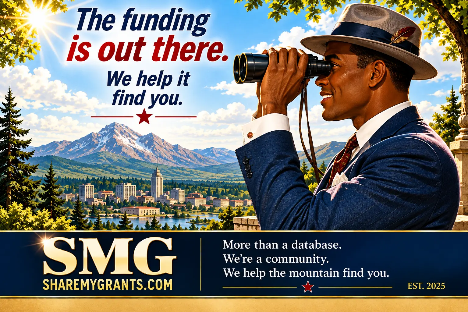 A founder looking through binoculars toward the mountains — The funding is out there. We help it find you.